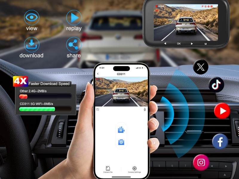 Kết nối camera hành trình với điện thoại để xem và tải video nhanh chóng.